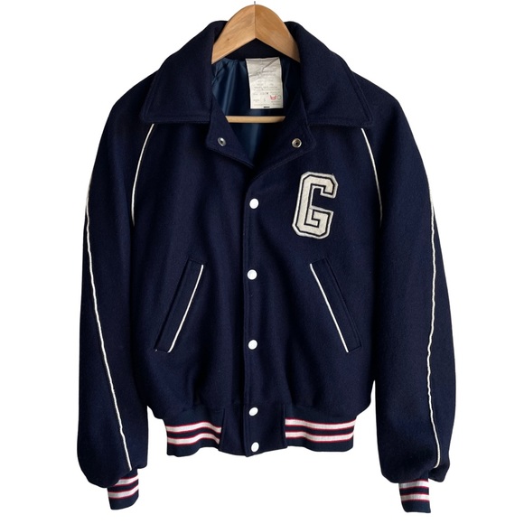 unknown vintage Jackets & Blazers - Retro S Wool Varsity Bomber Jacket Navy Blue G Patch Vintage 80s 90s Letterman